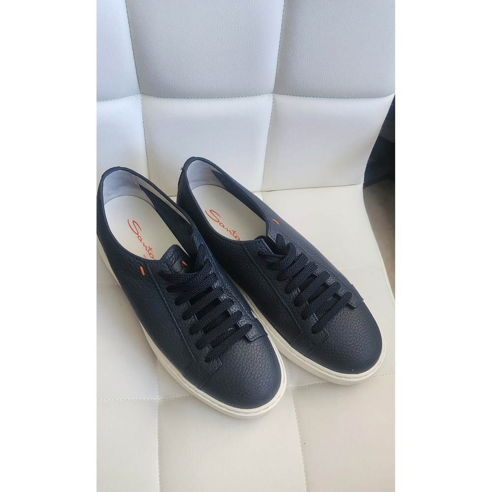 Santoni Mens Navy Blue Tumbled Leather Low Top Sneakers Italy Size 8.5 US 7.5 UK